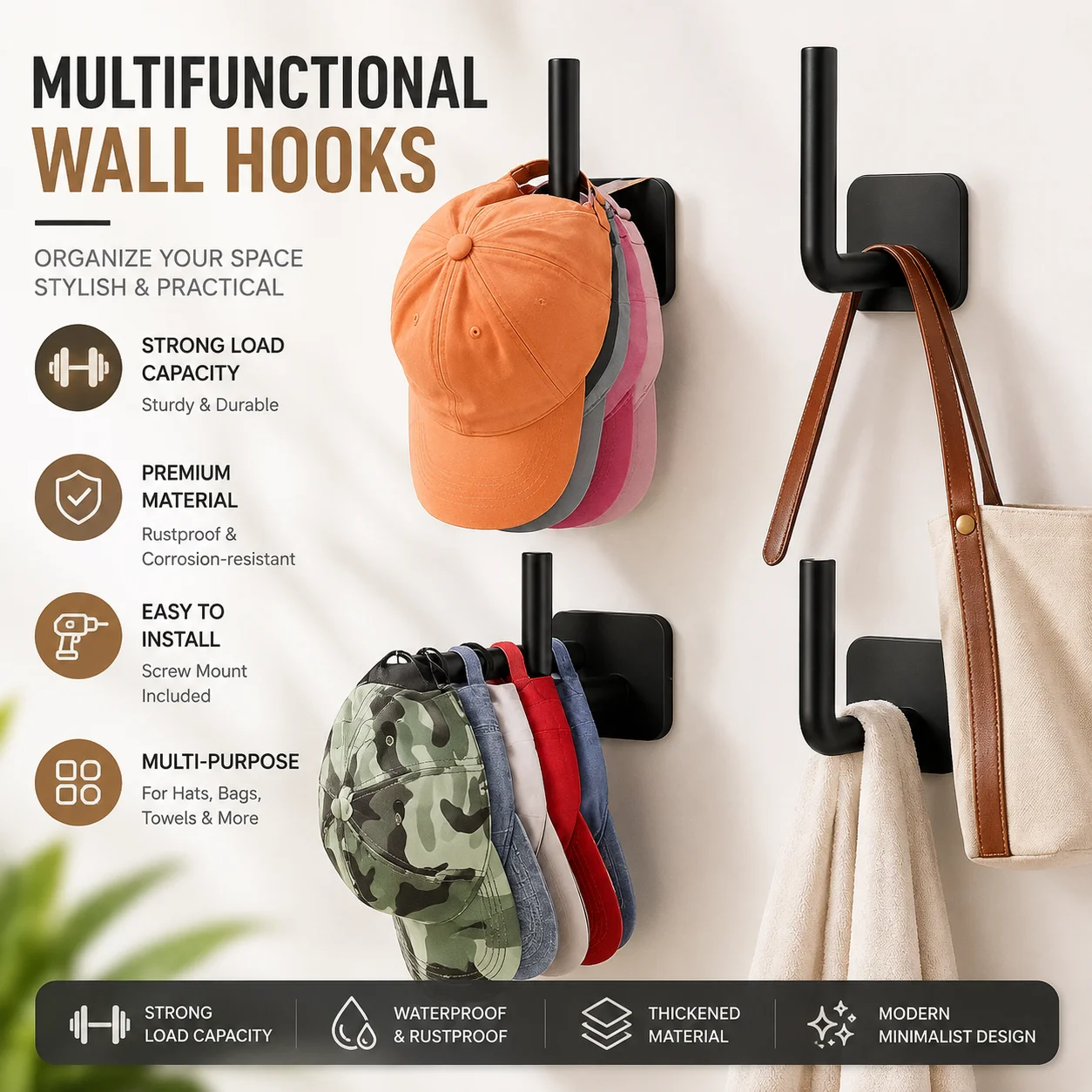 2/4PC No‑Drill Multifunctional Adhesive Hook, Strong Kitchen Cutting Board Storage Rack No Marking