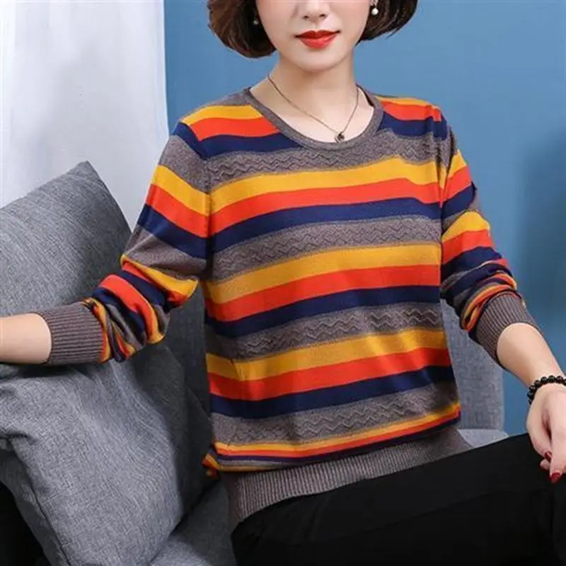 2023 Spring Autumn Fashion Thin Striped Knitted Tops Women\'s Clothing Korean All-match O-Neck Screw Thread Pullovers T-shirt