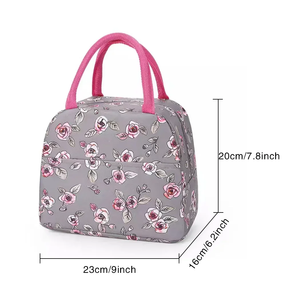 Lunch Box Thermal Bag Cute Sweet Trendy Tote Food Storage Bag Organizer Kids Grey Flower Printing Golden Flower Series