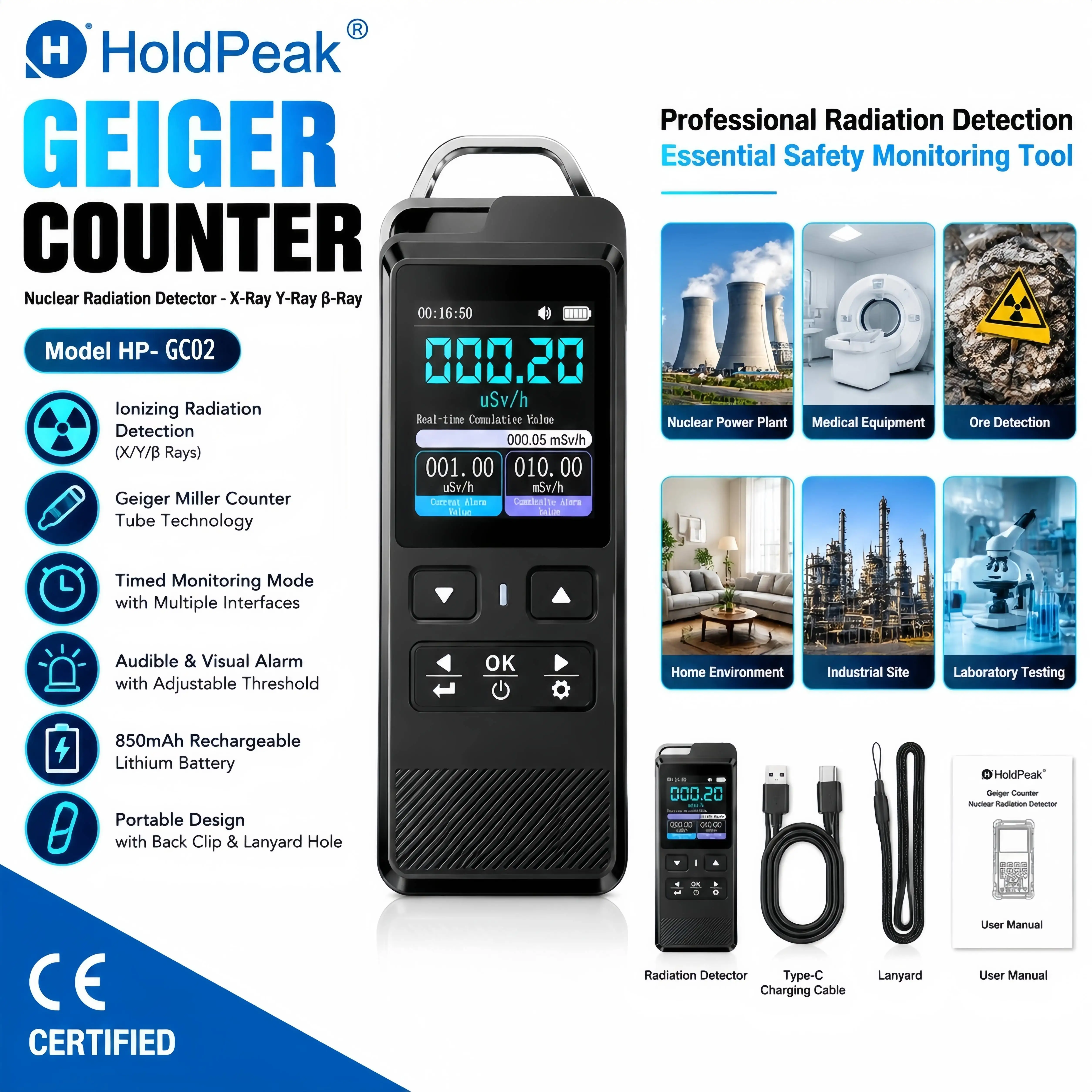 FNIRSI Geiger Counter Nuclear Radiation Detector X Gamma Beta Rays 0-10000μSv/h LCD 850mAh Alarm for Home Security Industrial