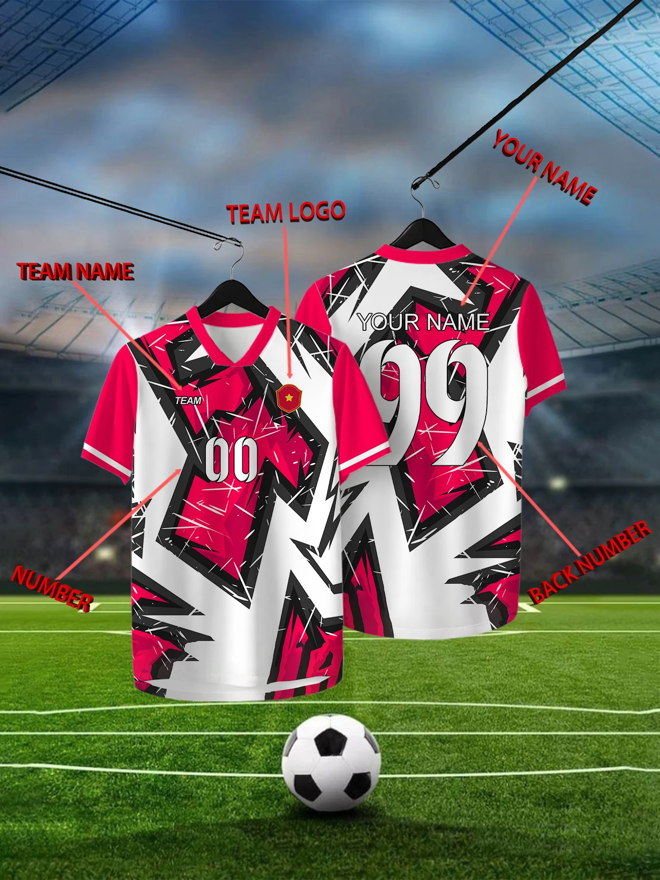 

Customized Geometric Red Short Sleeved Shirt with Team Name, Emblem, Name and Number, Outdoor Sports Short Sleeved T-shirt