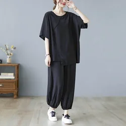 Pants Sets Artistic Korean Style Loose Solid Short Sleeve Irregular O-neck T-shirts and Harem Pants Two Piece Set Women Outfits