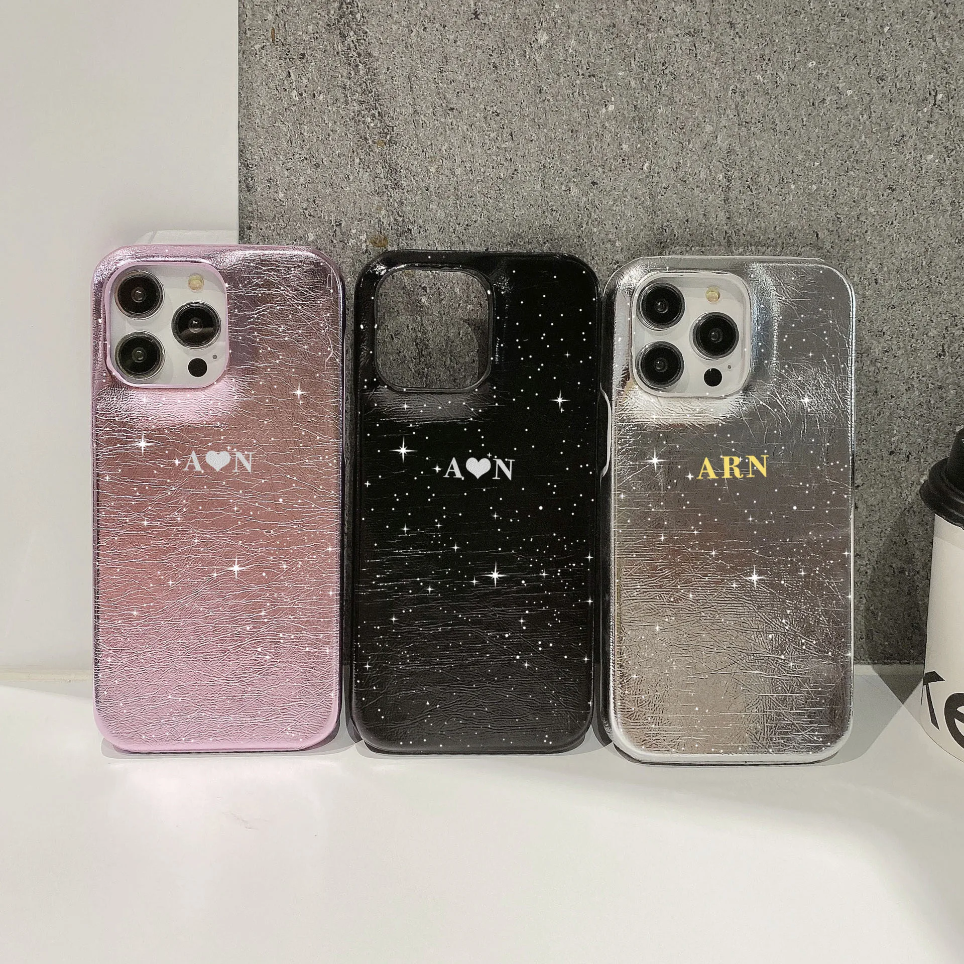 Fundas de cuero PU con purpurina y letras doradas y plateadas personalizadas para Iphone 16Pro, 13, 12, 15, 14 Pro Max, 15 plus