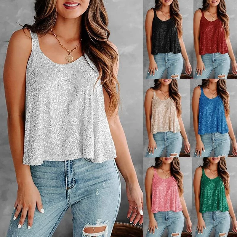 Top de Verano Brillante con Cristales para Mujer, Chaleco sin Mangas con Tirantes, Elemento de Hilo Brillante, Largo Regular, Puro y a la Moda