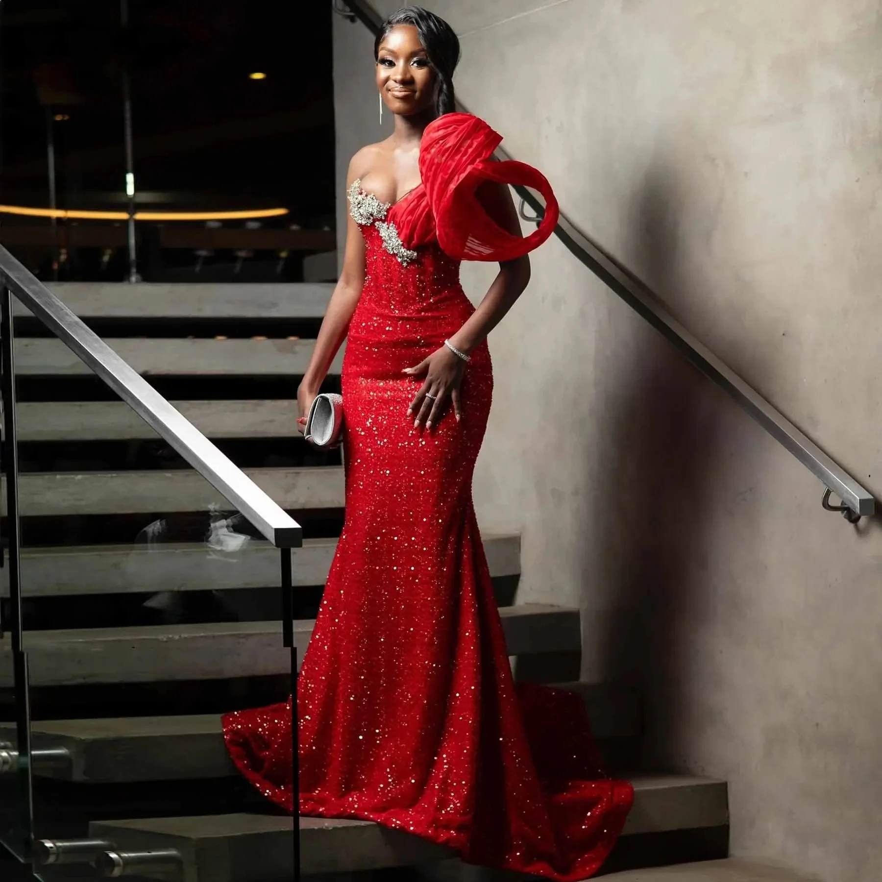 

Красное африканское вечернее платье Aso Ebi, блестящее вечернее платье русалки с блестками и бисером, платья для выпускного вечера для черных девочек по индивидуальному заказу