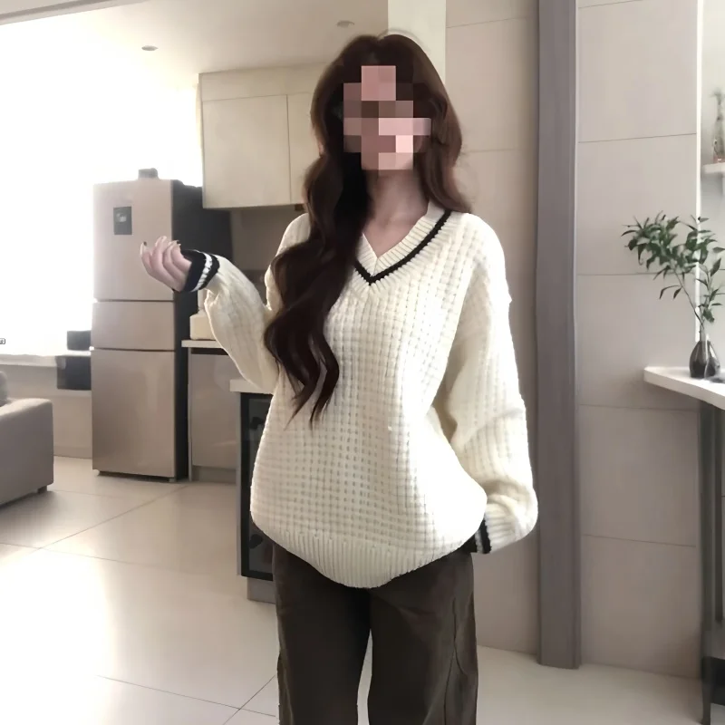 

Женский свободный свитер с V-образным вырезом в клетку, повседневный, зимний, новый дизайн, стройнящий, с длинными рукавами, удобный, мягкий, из средней плотности ткани