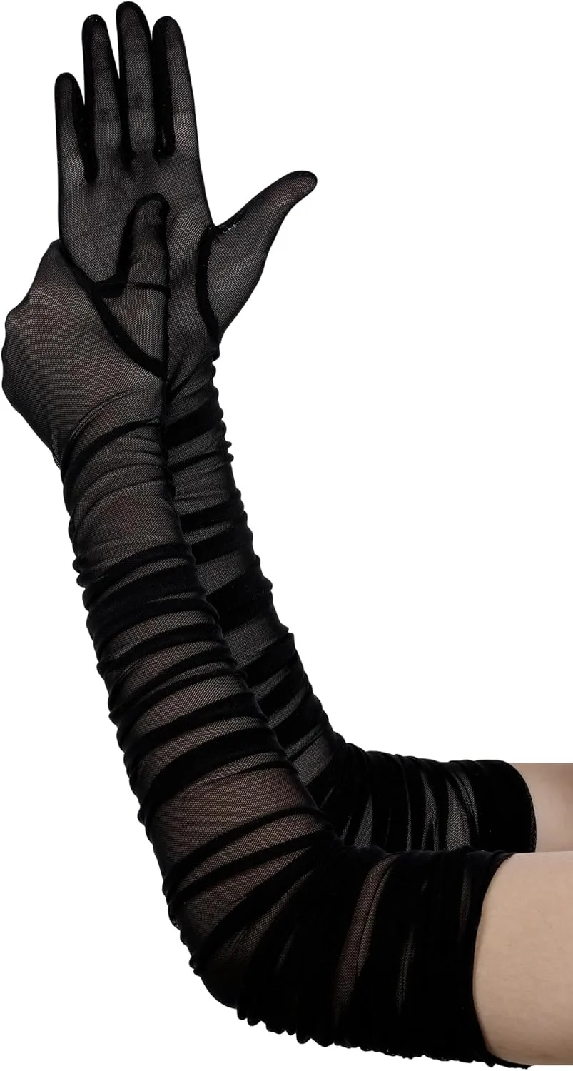 

Long Romantic Lace Gloves Elegant Evening Party Stretch Polyester Mesh Gloves with Transparent Lace Design for Prom,Banquet