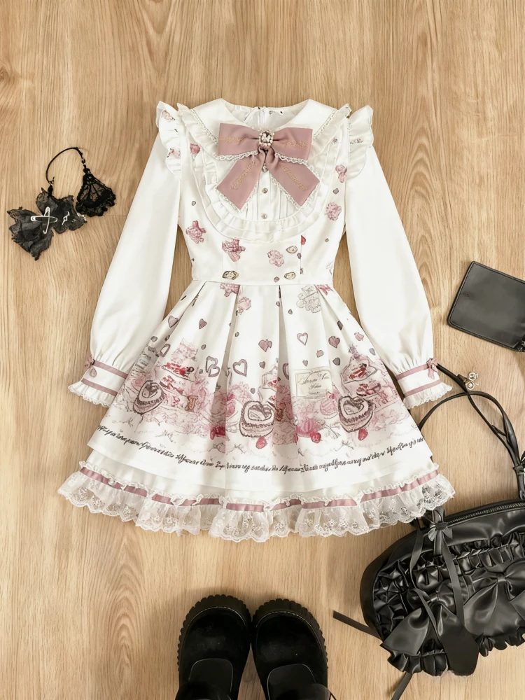 Y2k اليابانية Kawaii قطعتين مجموعات طويلة الأكمام بلوزات + تنورة قصيرة الحلو المرأة عادية لطيف طباعة القوس المرقعة 2025 جديد وصول #3