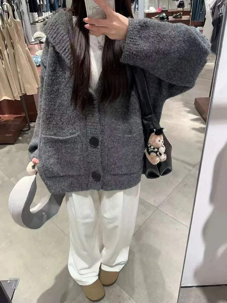 

Thiened Version Lazy Sle Hooded Single Button Sweater Cardigan Women's Autumn New Korean Loose Knitted Outerwear