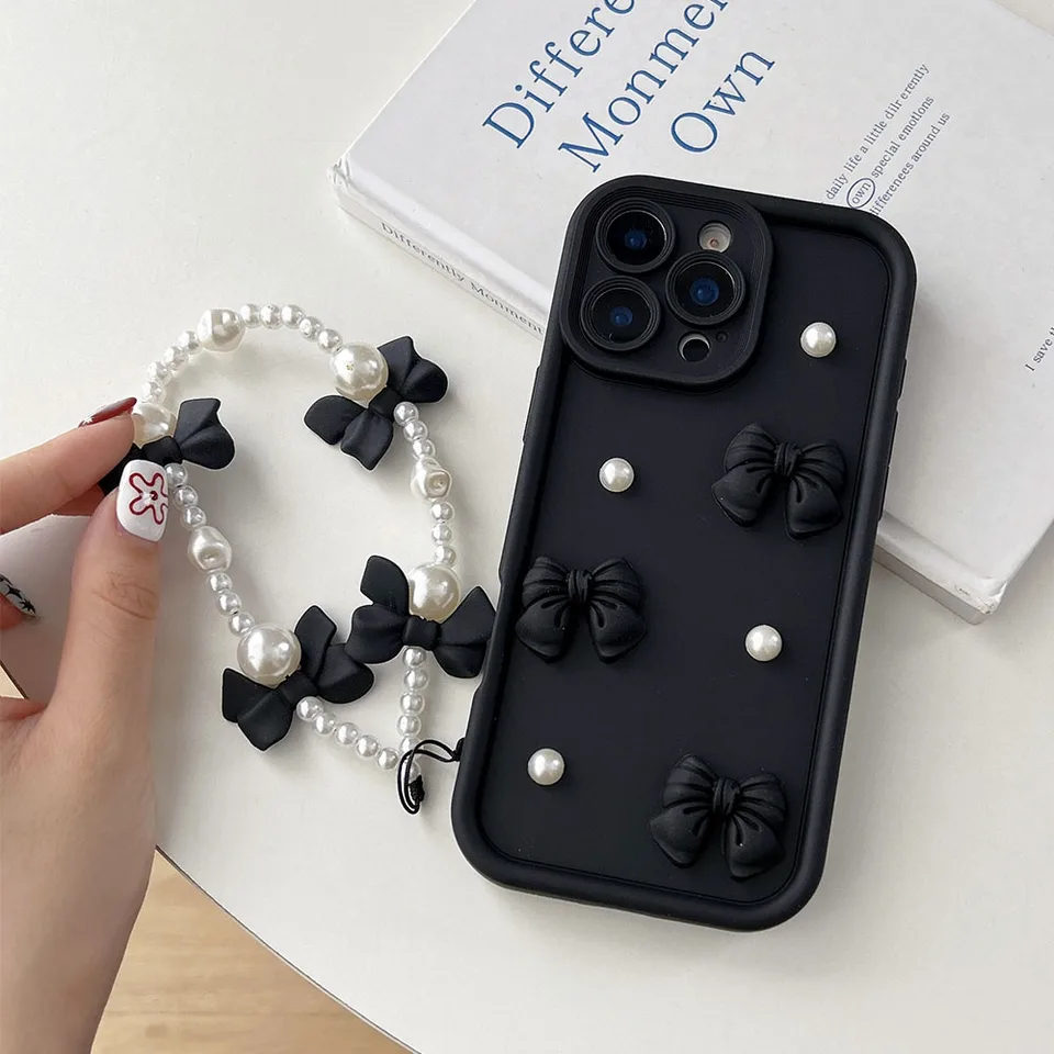 iPhoneアクセサリー iPhone XS MAX Pearl Bow Chain Phone Case iPhone 16 15 14 13 12 11 Pro MAX XS Max