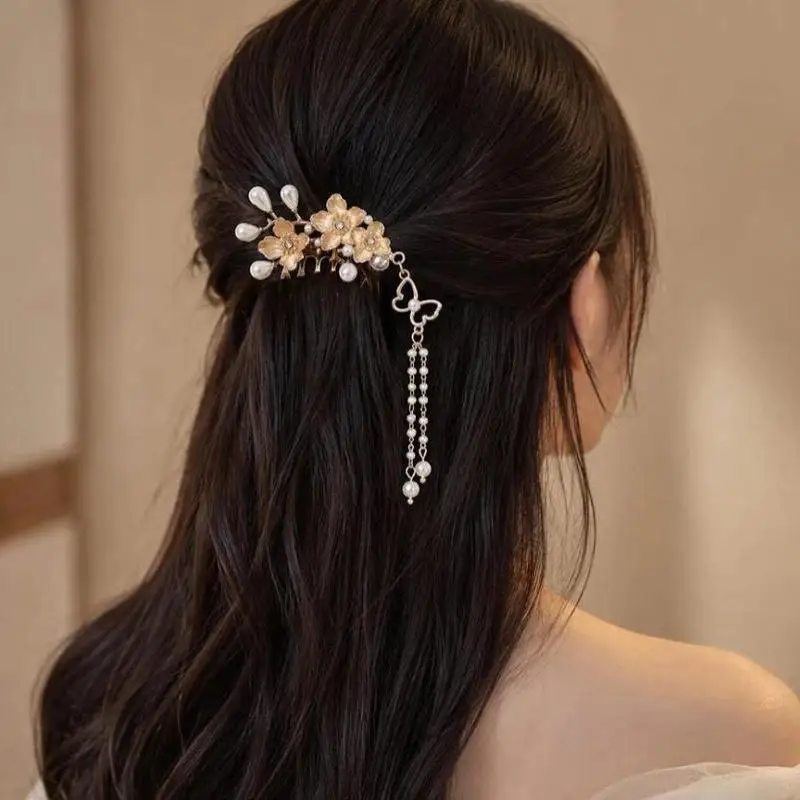 Retro Hanfu Hair Accessory Pearl Tassel Floral Design Hair Comb for Women Traditional Dance Performance Wear