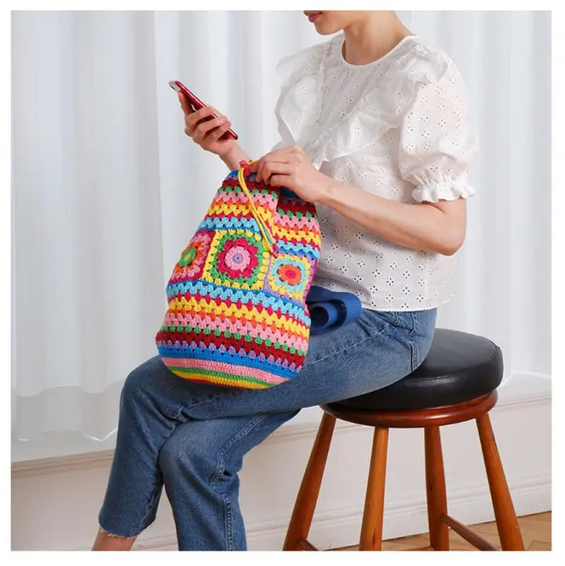 Bohemian Crochet Barrel Shaped Women Shoulder Bags Knitted Granny Square Backpacks Handmade Woven Handbag Casual Travel Bag 2024