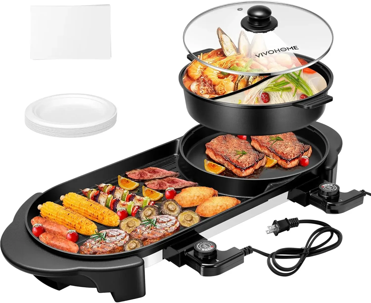 2000W Electric Hot Pot with Grill, Removable Shabu-shabu Pot w/Non-stick Baking Pan, Separate Temperature Control 2-IN-1 Hotpot