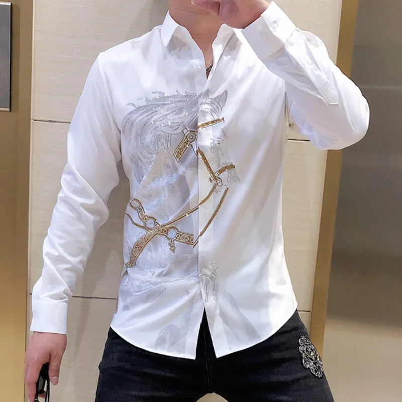 Rhinestones Shirts Mens Luxury Top Diamond Men\'s Shirt Long Mouw Slim Casual Shirt Black Animal Horse Shirt Social Camisa Hombre