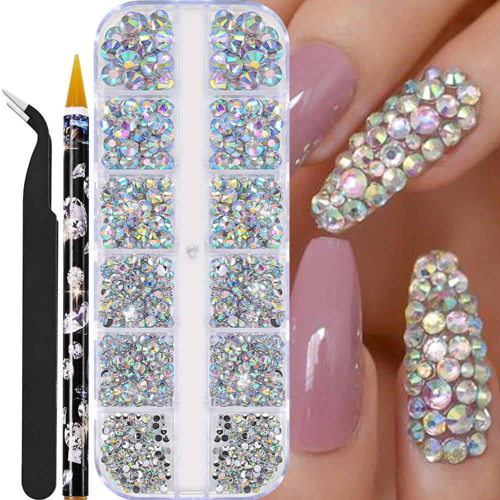 12Grids Helder Roze Mix Maten Nagelsteentjes 3D Plat Glanzend Kristal Diamant Nail Art Charms Kit met Puntjespen Pincet