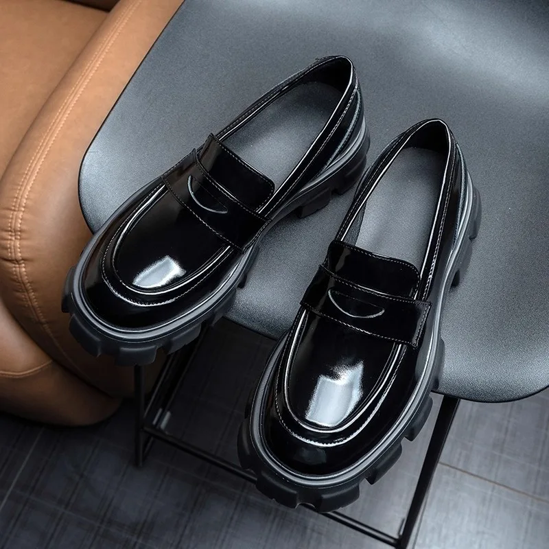 

Черные лоферы на платформе с круглым носком в британском стиле, мужская обувь из натуральной кожи, повседневные деловые офисные оксфорды
