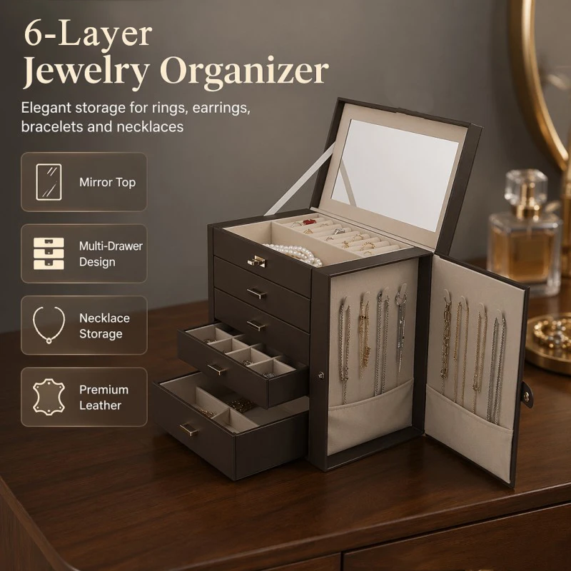 Jewelry Box for Women Leather Jewelry Organizer with Mirror & Lock for Girls/Women/Mothers Necklace Earring Bracelets Holder