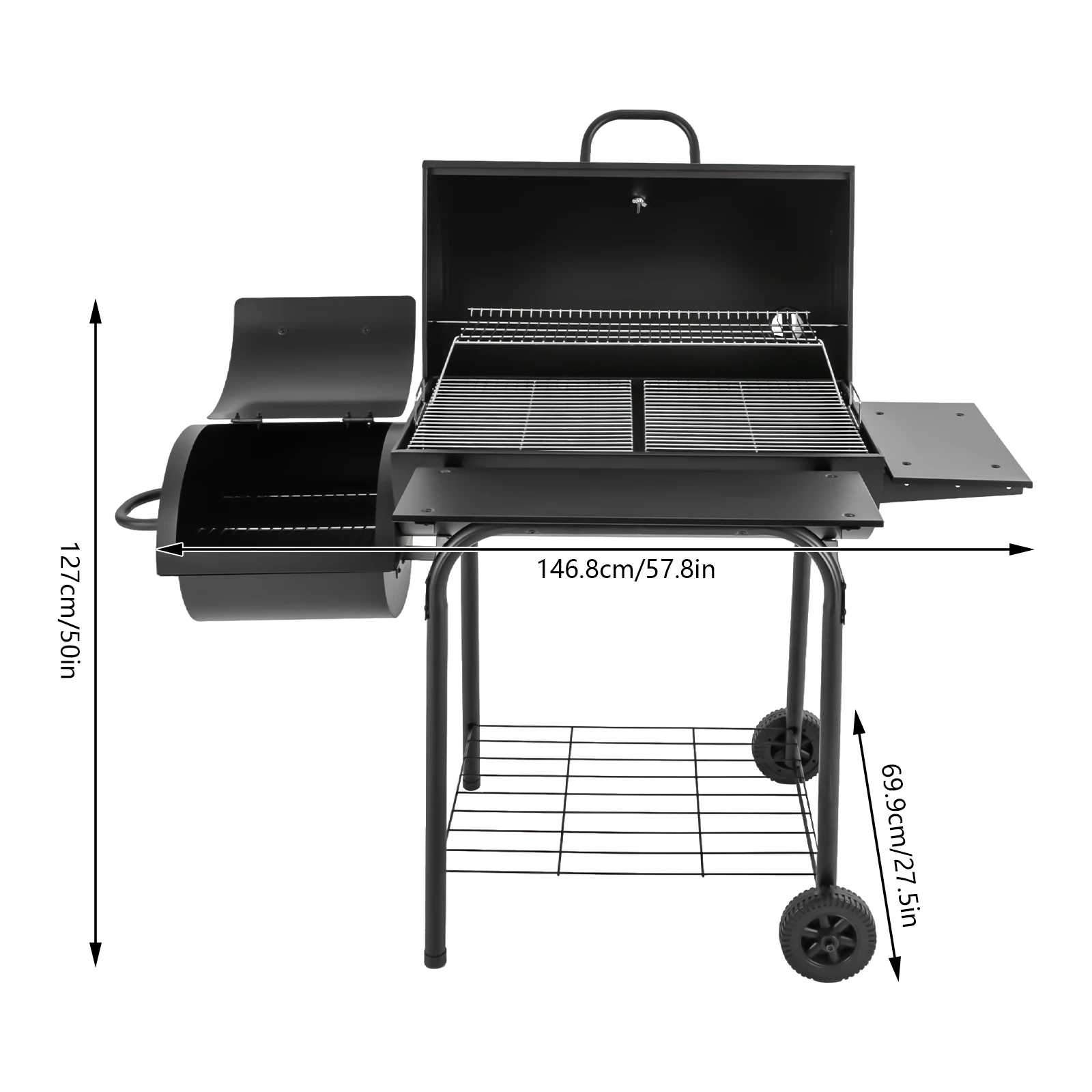 Großer schwarzer Holzkohlegrill mit Seitentischen, 4-6 Personen Outdoor-Grill mit Thermometer & Rädern, robuster tragbarer Holzkohlegrill für Garten, Camping und Picknick (Schwarz) – Detail 15