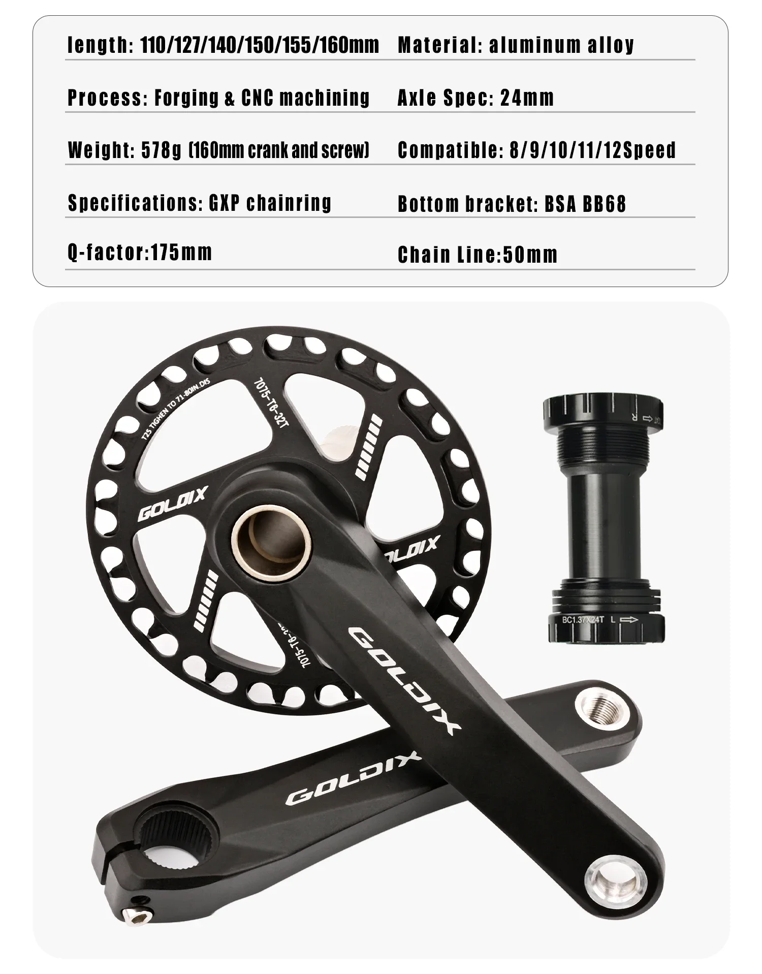 GOLDIX Kinderfahrrad-Kurbelgarnitur 110/127/140/150/155mm Länge Aluminiumlegierung Geschmiedeter Kurbelarm CNC-Bearbeitung mit Kettenblattschutz – Detail 2