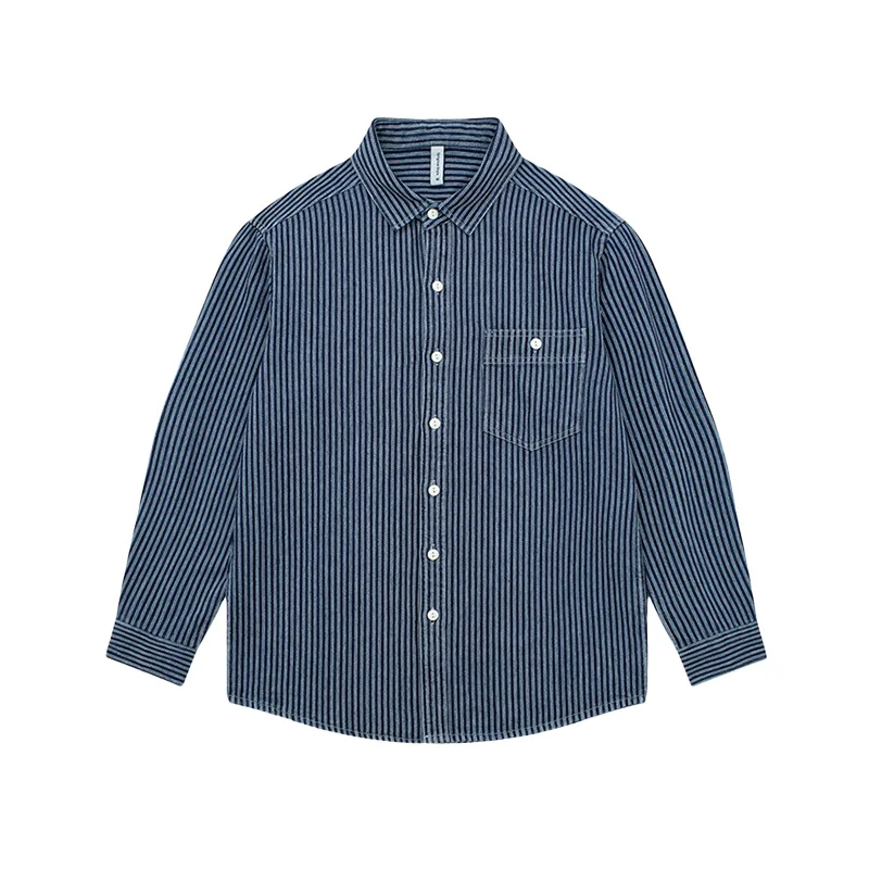 

Amekaji Washed Distressed Vertical Stripe Denim Shirt - American Retro 100% Cotton Slightly Loose Casual Long Sleeve Top