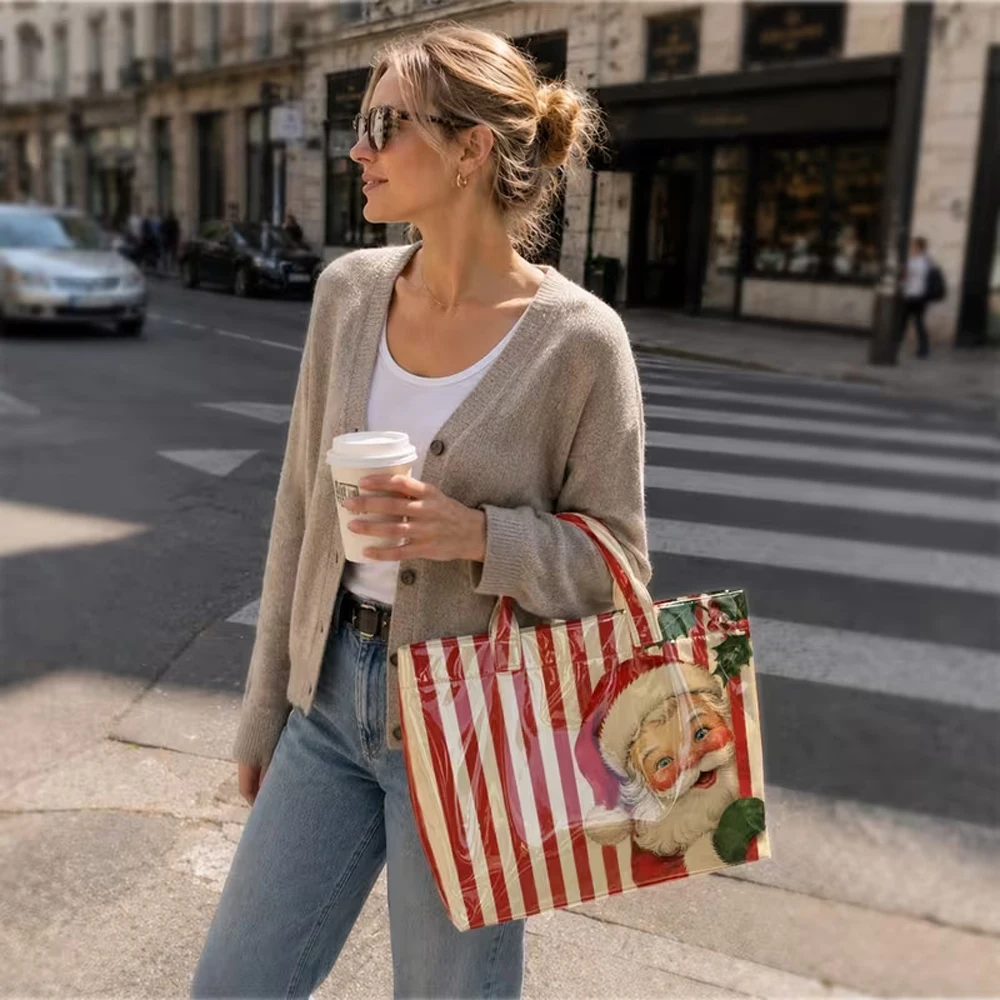Santa Claus Christmas Tote Bag Large Capacity Waterproof PVC Handbag Holiday Gift Shopping Bags Women Casual Shoulder Bag