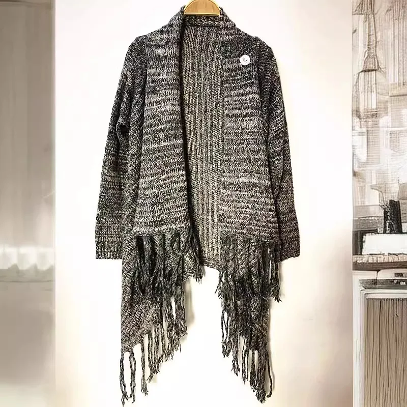 Faion Fringe Knitted Sweater Coat Women's Autumn Winter Clothes Cross-Border Cotton Blend Fabric Knitwear Casual Sle
