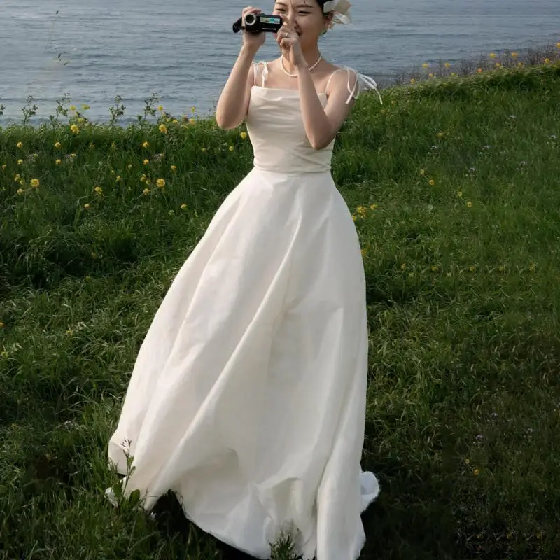 Robe de mariée trapèze élégante pour les patients, longueur au sol, grande taille, bretelles spaghetti, robes de soirée simples, mode personnalisée, nouveau