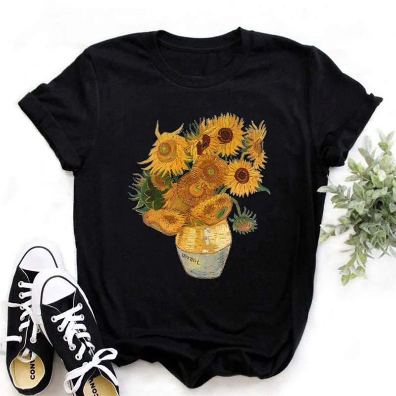 ヴァンゴッホヒマワリvangogh Tシャツ,ヴィンテージの芸術的な原宿スタイルのTシャツ,夏のTシャツ