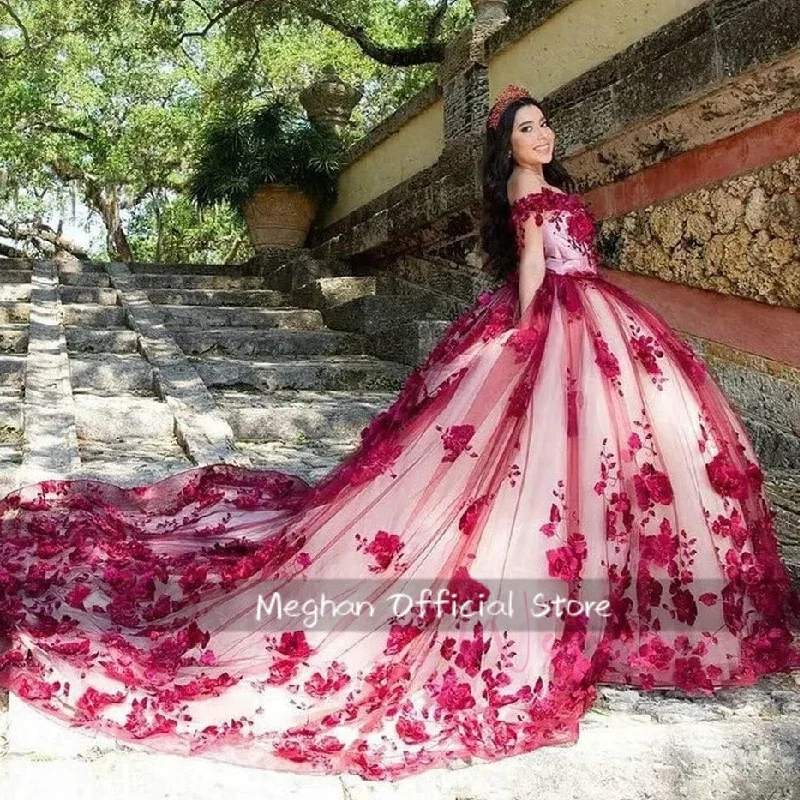 Vestido de quinceañera Floral personalizado, moda de flores 3D, vestido de baile Sexy con hombros descubiertos, vestidos de 15 quinceañera