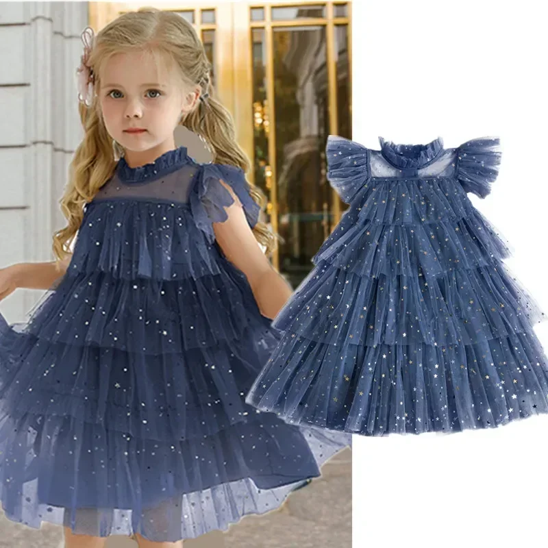 Girls Princess Mesh Layers Cake Dress For Kids Sequin Elegant Birthday Party Tutu Prom Wedding Vestidos Children Ruffles Clothes