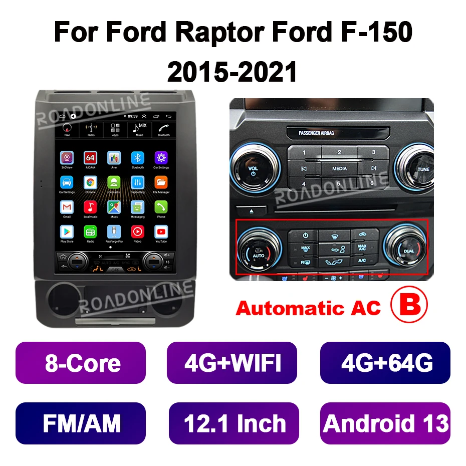 12.1 "Android 14 Tesla Stijl Scherm Voor Ford Raptor F-150 F150 2015-2021 Gps Auto Multimedia Speler stereo Radio Ontvanger CarPlay