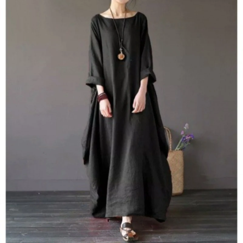 المرأة الصيف رقيقة القطن الكتان فستان فضفاض الأدبية بوهو كم طويل 2025 فستان سيدة بلون رداء خمر قفطان