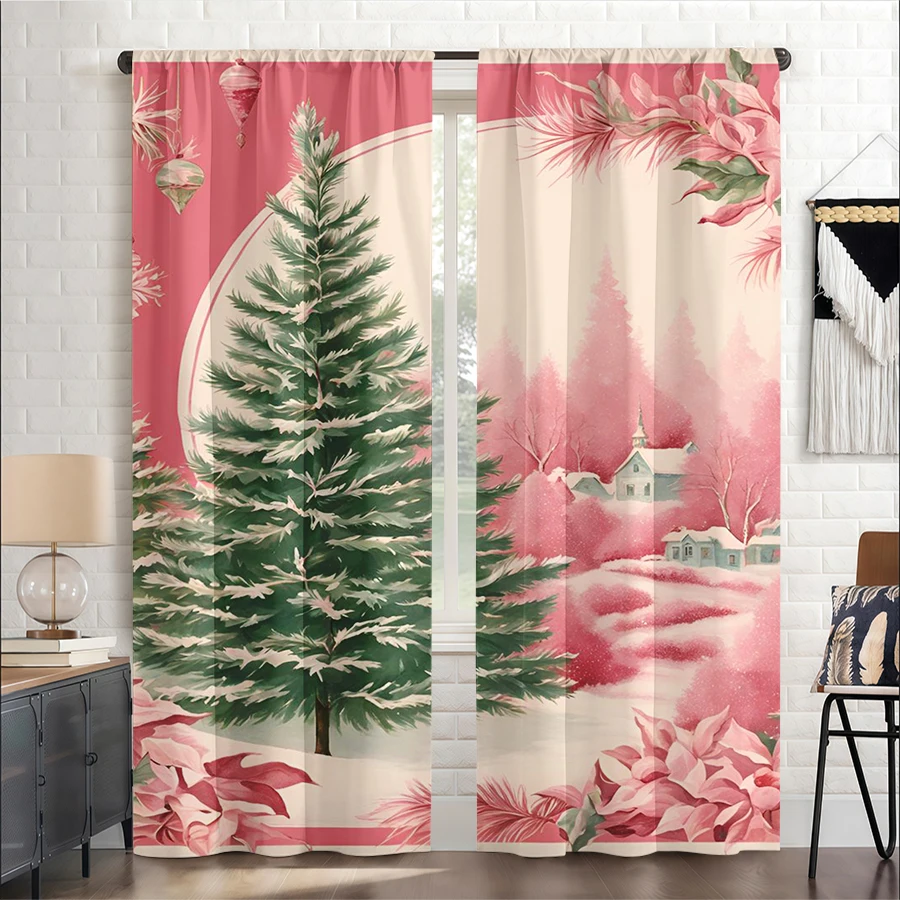 2PCS Christmas Winter Curtains, Pink Tree Village, Digital Print, Bedroom Living Room, Rod Pocket, Polyester, Home Decor