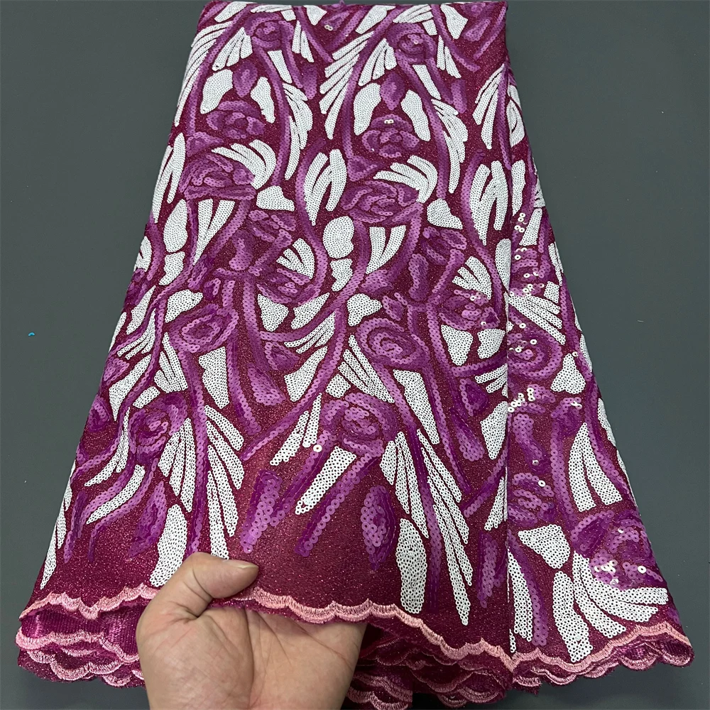 

African Nigerian Tulle Lace, Beaded French Guipure with Sequins Embroidery for Party Gown&Wedding Dress , Bridal Fabric 5 Yards