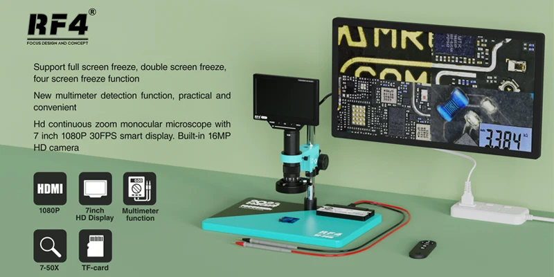 1080P 4K HDMI USB Industrial Digital Video Microscope Camera 7X-50X Simul-Focal  IC BGA CPU SMD PCB Chip Soldering Repair RF-50M