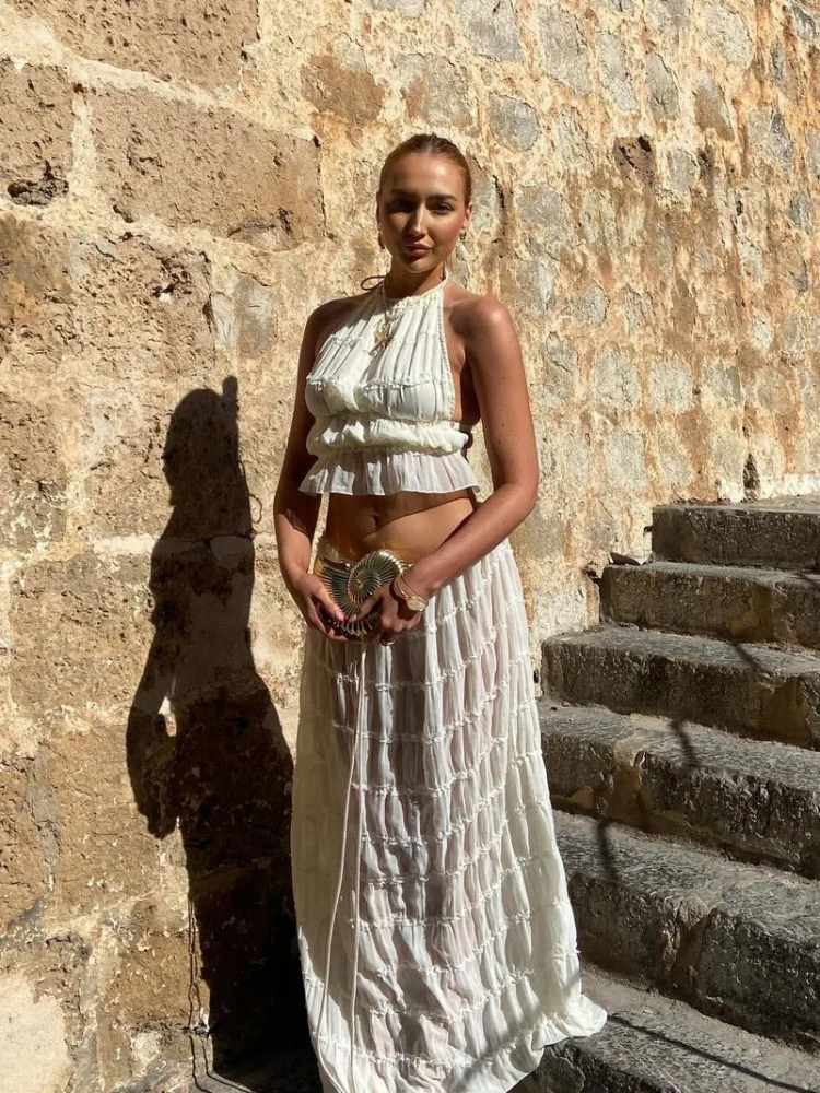 

Chic Ruffle Long Skirt 2-piece Set Women Fashion Backless Slim Fit Sleeveless Elastic Halter Vest Suits 2025 Summer Y2k Outfits