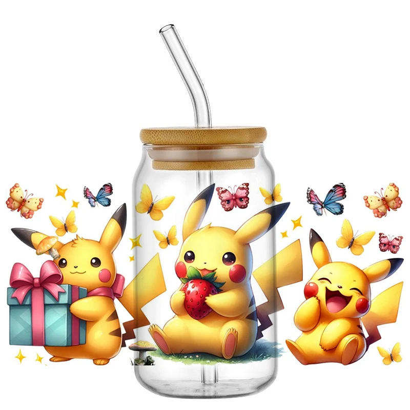 Miniso śliczne Pikachu naklejka zmywalna UV DTF folia na kubek do 16oz Libbey okulary Pokemon DIY kubek z motywem kreskówkowym naklejka transferowa