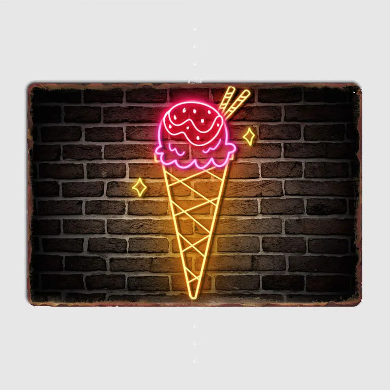 Ice Cream Neon Sign Metal Wall Art Cave Pub Classic Painting Tin Sign Vintage Posters Room Decor Home Decoration