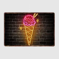 Ice Cream Neon Sign Metal Wall Art Cave Pub Classic Painting Tin Sign Vintage Posters Room Decor Home Decoration