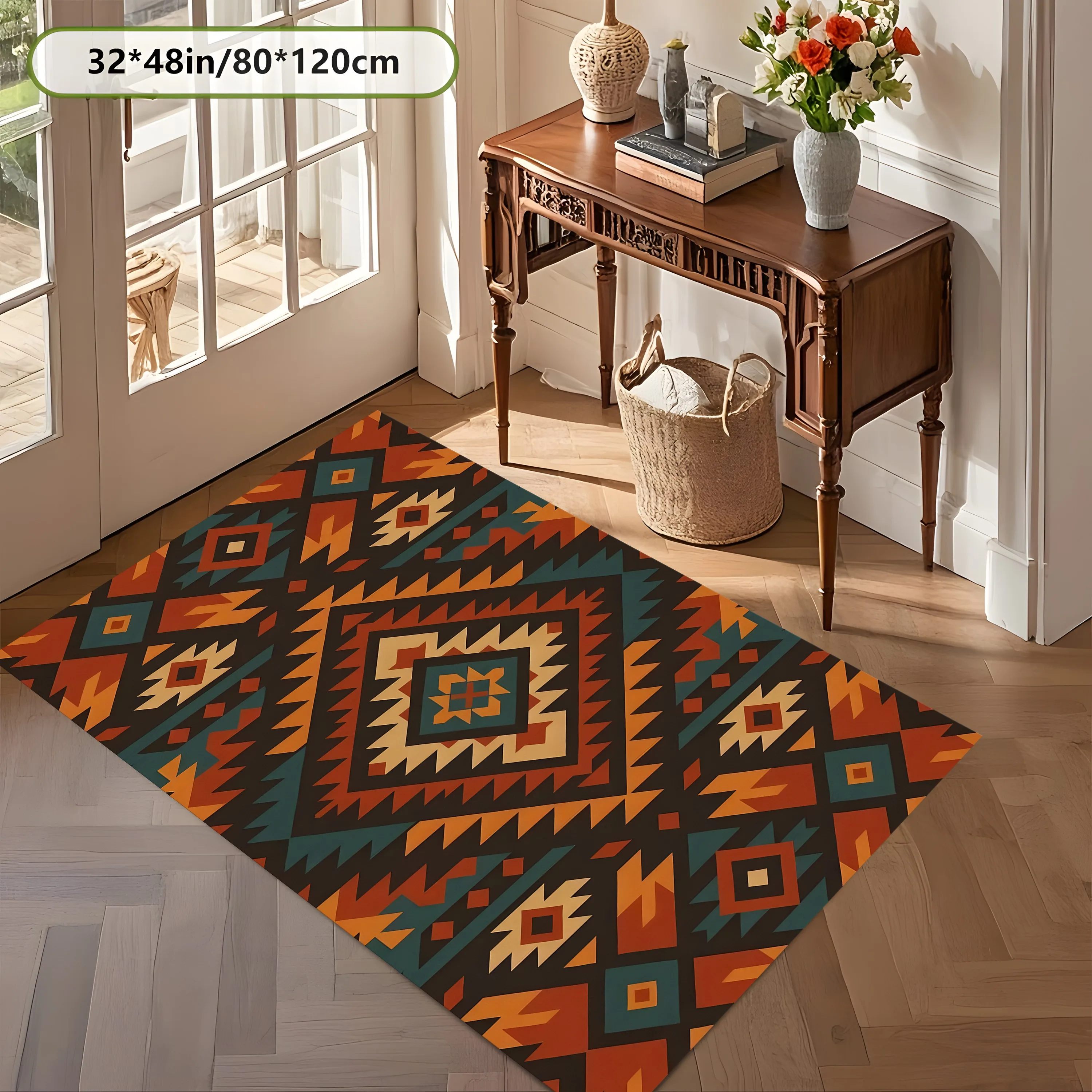 2D Carpet with Ethnic Geometric Diamond Pattern in Retro Bohemian Style for Living Room and Bedroom