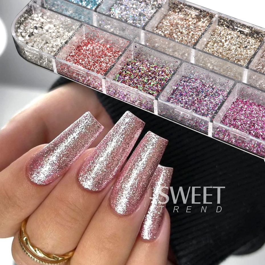 Bright Platinum Nail Glitter Flakes Holographic Finely Chrome Pigment Reflective Champagne Silver Slices Spangles Manicure Decor