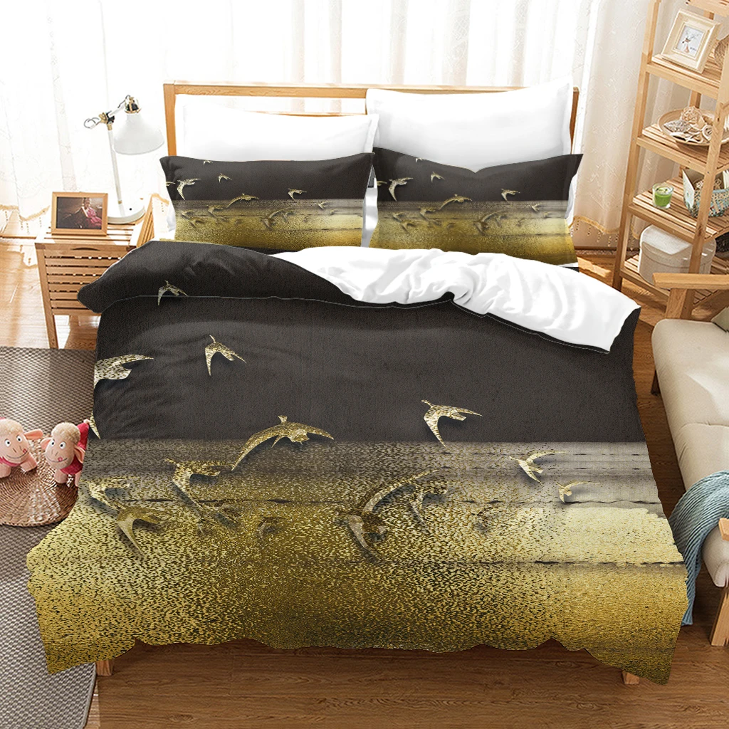 HUANZHUANG Pattern Duvet Cover Set Gold Swallow Print King Queen Full Size Bedding Set For Kid Boy Girl Polyester Comforter Cove