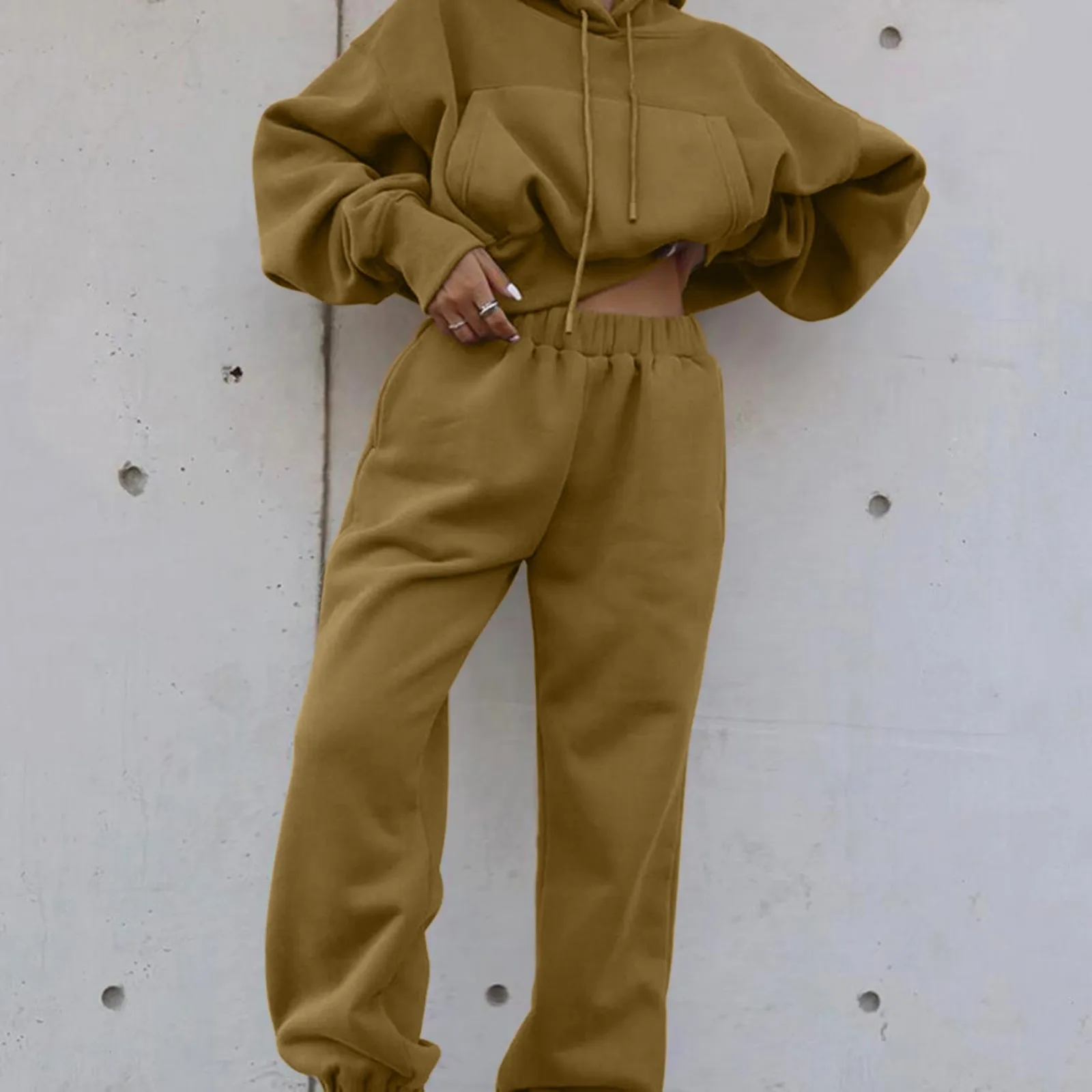 Y2K Street 2 Piece Set Autumn Sport Leisure Trouser Suits Solid Color Loose Hooded Cropped Sweatshirts And High Waist Sweatpants