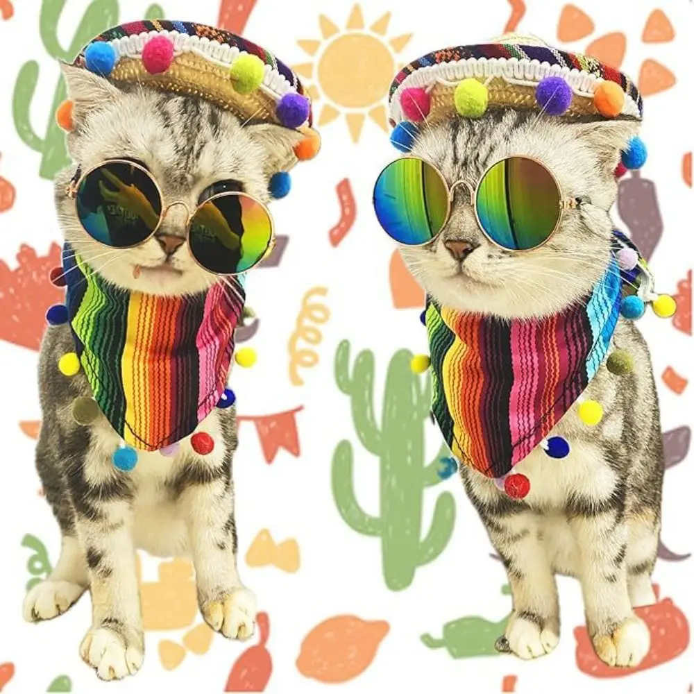 

Adjustable Pet Hat Scarf Multicolor with Glasses Dog Bandanas Mexican Style Striped Pet Triangle Scarf Hairball Grass Hat