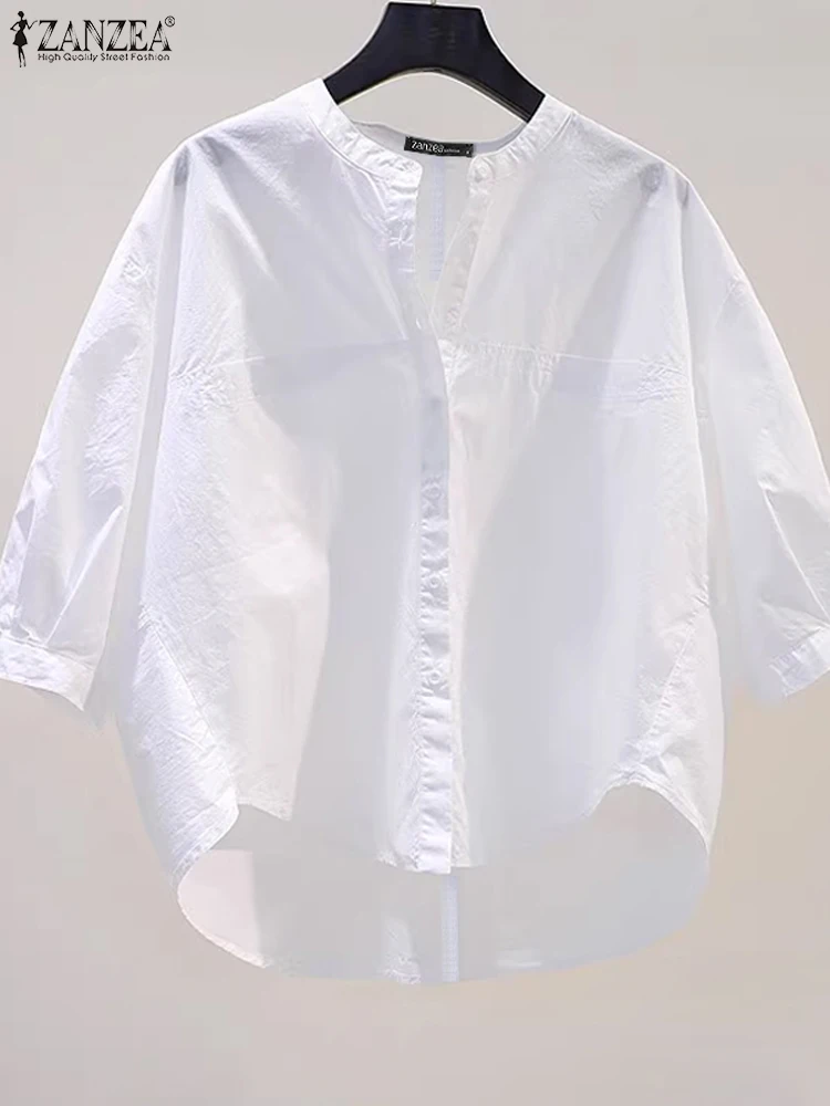 بلوزة نسائية صيفية أنيقة من ZANZEA برقبة دائرية نصف كم قميص نسائي فضفاض غير رسمي بلوزات نسائية للعمل OL قميص Mujer مقاس كبير