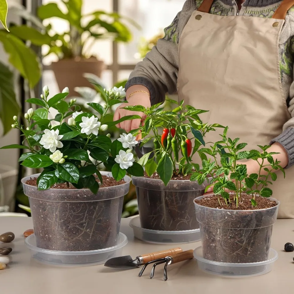 

9 Pack 8/7/6 Inch Clear Nursery Pots for Plants with Saucer, Transparent Plastic Plant Pots with Drainage Holes