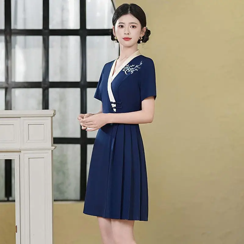 Chinese Style Womens Workwear Set Hotel Waiter Spa Massage Nail Art Coffee Foot Bath Sauna Technician Dress Uniform