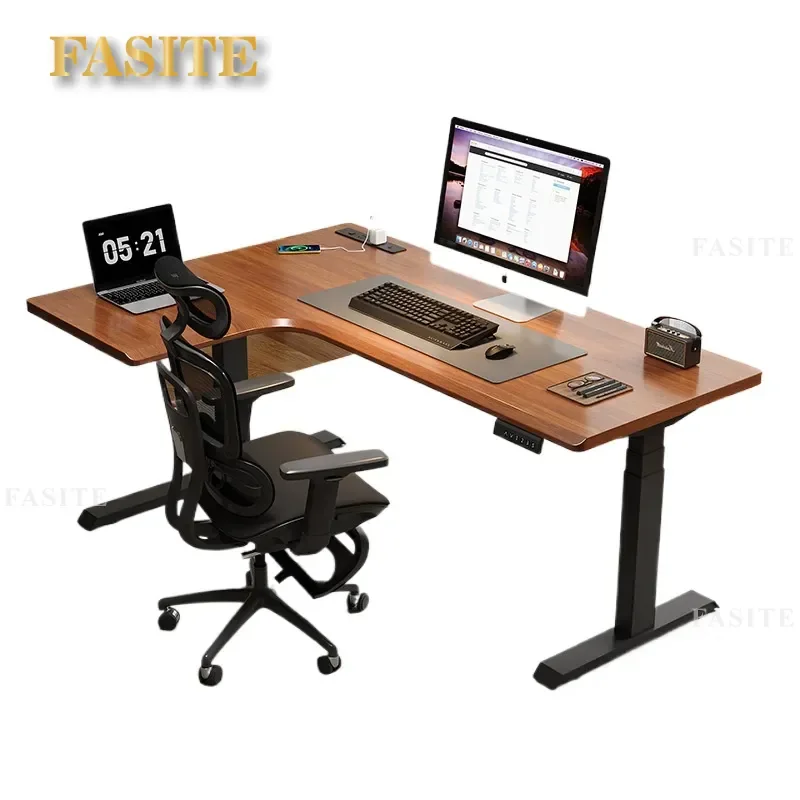 For L-shaped Corner Solid Wood Electric Height Adjustable Desk Smart Standing Table for Home Office Gaming E-sports Kids