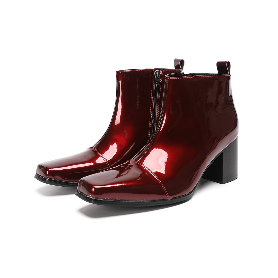 Male Red Genuine Leather High Heel Ankle Boots men Zipper square Toe Block Heel Night Club Party short boot Plus Size dress Shoe