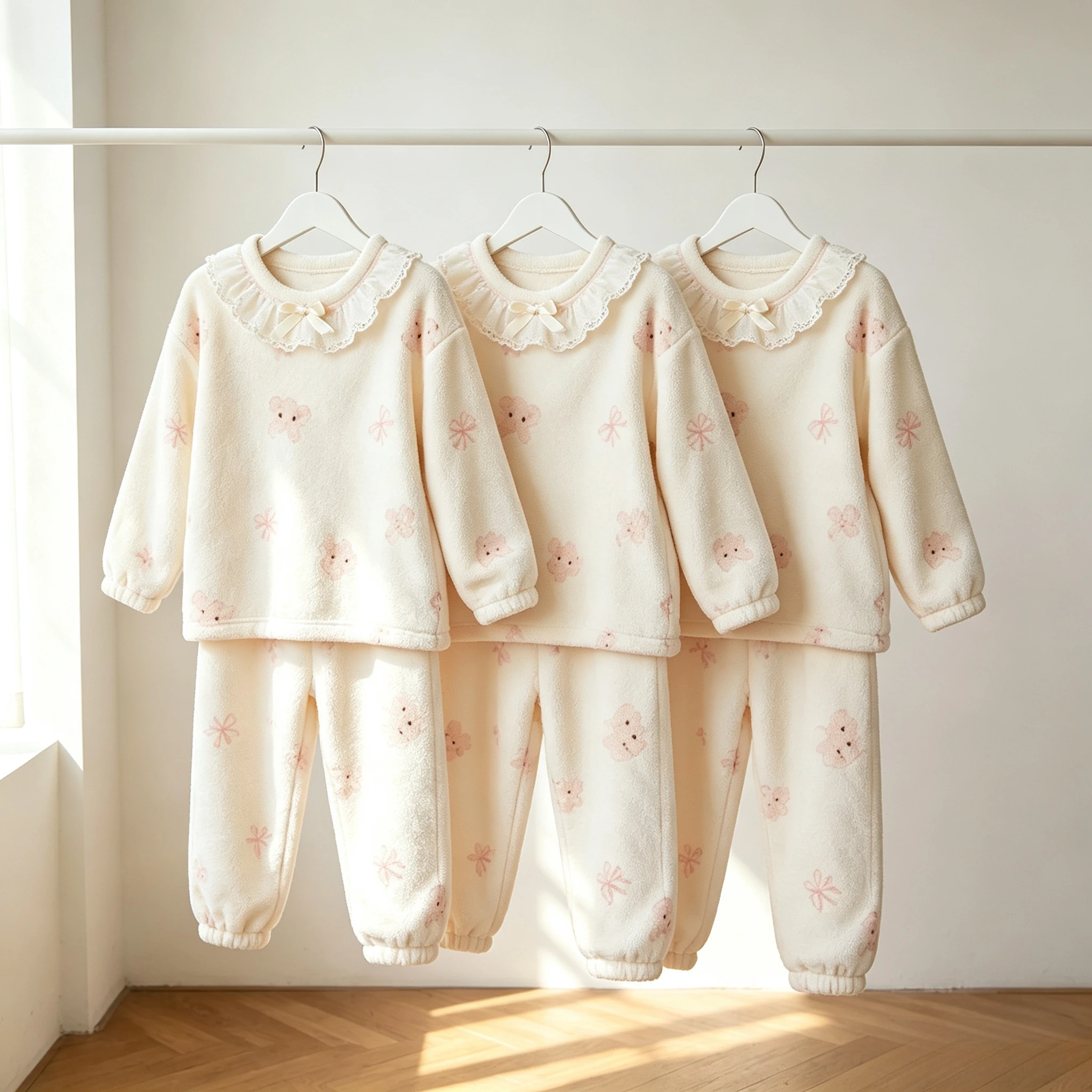 Girls Pajama Set Fleece Lined Ruffle Collar Sleepwear Long Sleeve Top Pants Cute Floral Loungewear for Kids Home Wear 4-12 Years